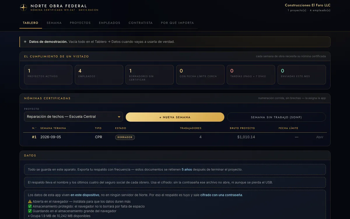 Pantalla real de Norte Obra Federal: tablero con el cumplimiento de un vistazo, nóminas certificadas y estado de los datos